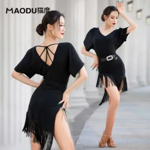 Latin Dance Dress Female Adult Ballroom Rumba Tassel Training Dancewear with Belt Sexy Backless Hollow Out Professional Costume
