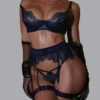 Ellolace Willowy Women's Lingerie Sets Luxury Sequin Bra Belt Thong 3PC with Leg Circles Luxury Tulle Women Intimate Underwear