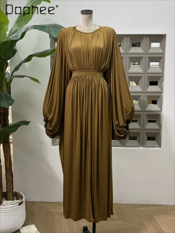 European American Women Clothing Fashion Bat Long-sleeved High-waisted Dress High-end Elegant Mid-length Dress Evening Dresses