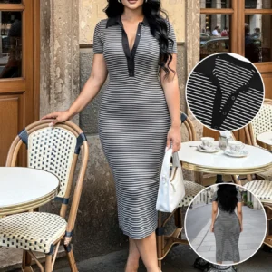 Women’s Striped Polo Dress with Button Front, Short Sleeve Knit for Casual Street & Coffee Date