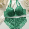 Elegant Green Lace Bra and Panty Set with Underwire & Padded Cups Push Up Demi Bras & Matching Brief for Women Lingerie Set S-XL