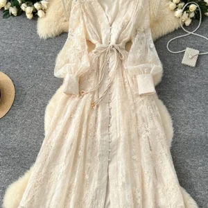Spring Autumn French High-end Women's Dress New Lace Embroidery V-neck Lantern Sleeves Single Breasted Party Birthday Dress C192