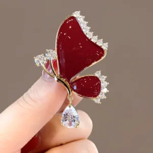 New Elegant Red Enamel Butterfly Zircon Waterdrop Brooches For Women Crystal Pins Girls Wedding Jewelry New Year Gift