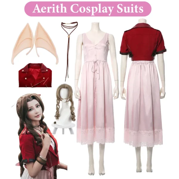 Female Halloween Aerith Cosplay Jacket Dress Wig Necklace Game Final Cosplay Fantasy Roleplay Costume Carnival Party Clothing