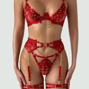Ellolace Hot Women's Lingerie Sets Charming Bra Belt Thong 3PC with Leg Circles Fantasy Deep V-neck Women Intimate Underwear