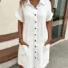 Vintage Women Solid Mini Dress Summer Fashion V-neck Three Quater Sleeve Cotton Linen Dress Ladies Casual Holiday Vestidos