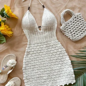 Women's V-Neck Strapless Dress, Hollow Out, Wooden Bead, Slim Fit, Gradient Color, Knitted, Sexy, Vacation Wear