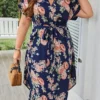 Plus Size Summer Women Elegant Dress Vacation Vintage Floral Print Casual V Neck Lace Up Dresses