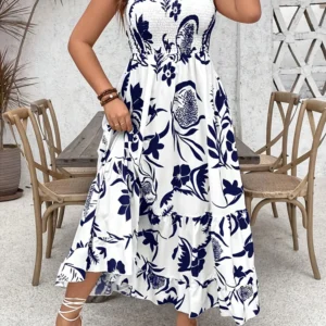 Plus Size 2025 Summer New Holiday Floral Halter Dress with Ruffle Hem and Gathered Bust Plus Size Dress Polyester