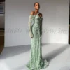 Gorgeous Mint Green Lace Flower Applique Women Evening Dress Off The Shoulder Long Sleeves Floor Length Mermaid Prom Gowns