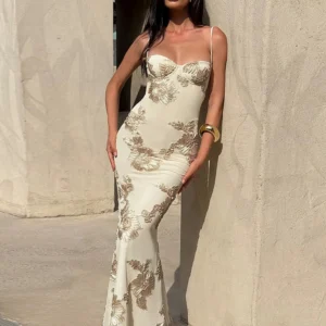 Weird Puss Flower Embroidery Maxi Dress Women Low-Neck Cross Bandage Backless Summer Street New Trend Skinny Elegant Vestidos
