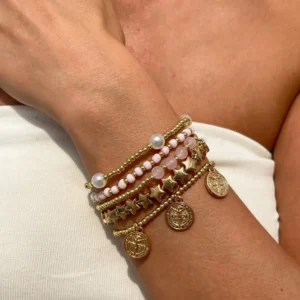 Retro Round Carved Pendant Bracelet 2026 Multi Layer Gold Color Star Round Bead Elastic Thread Woven Girls' Fashion Jewelry