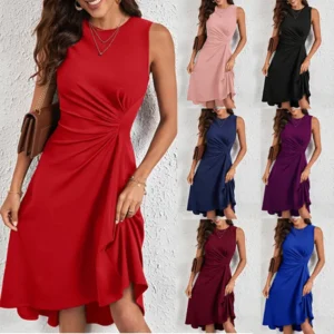 Solid Color Casual Slim Short Dresses For Women 2026 Fashion Summer Women's A-Line Midi Dress Elegant Vintage Female Dresses