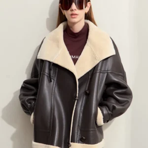 AMII Minimalist Simple Commuter Faux Leather Jacket for Women 2024 Winter Thick Warm Lapel PU Fur Female Chic Over Coat 12424007
