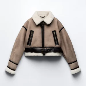 Ailegogo Streetwear Women Retro Loose Spliced Faux Leather Soft Fur Short Jacket Winter Female Zipper Belt Coat Vintage Outwear