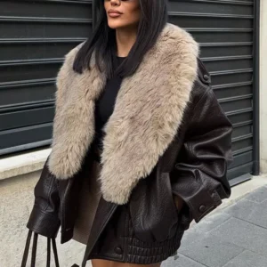 TFMLN 2025 Winter Women Loose Faux Leather Jacket Fashion Removed Big Fur Collar Causal Coat High Street Double Breasted Outwear
