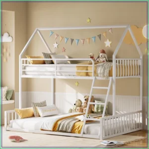 Twin Over Full Size Bunk Bed with House Shaped Frame, Ladder and Guardrail, Metal Slats Support, No Box Spring Needed, Space Saving for Bedroom and Dorm, White