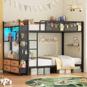 Metal Bunk Bed Twin Over Twin With Hall Tree, Power Outlet, LED Bunk Bed With 4 Storage Drawers, Bed With Safety Guardrail & Lad