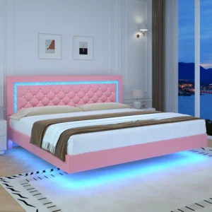 Pink Floating Bed Frame with LED Lights Upholstered Platform Bed with Diamond Tufted Headboard No Box Spring Needed Noise Free