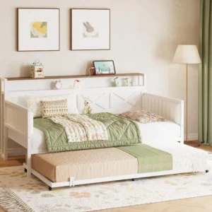 IRONCK Daybed with Trundle, Sturdy Metal Twin Bed Frame with X-Shaped Frame, Upholstered Farmhouse Daybed with Charging Station