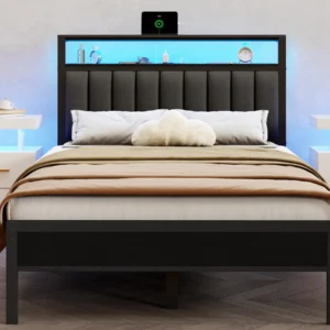 Full/Queen size bed frame with charging station, LED bed frame, headboard with frame, platform bed frame, soft cushion bed frame
