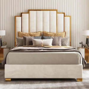 Upholstered Bed Modern Velvet Bed Frame with 61.4u201d Tall Gold Trim Headboard No Box Spring Needed Cream