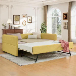 Full Size Upholstered Boucle Daybed Twin Roll-Out Trundle Wood Slats No Box Spring Bedroom Living Room, Custom