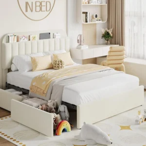 Twin Size Bed Frame with 2 Flexible Drawers, Boucle Upholstered Platform Bed Frame with Bookcase Headboard, Bedframe for Kids/Gi