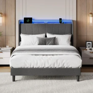 LED Bed Frame with Charging Station, Upholstered Platform Bed Frame with Headboard, Wood Slats Support, Under Bed Storage