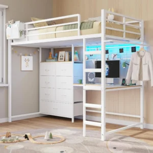 twin size loft bed with l-shaped desk and 7 storage drawers, metal bunk bed for kids with led lights and charging station