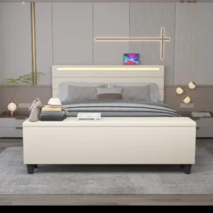 /Queen Bed Frame with Ottoman Storage & LED Lights, Upholstered Platform w USB Ports, Beige Headboard, Solid Slats