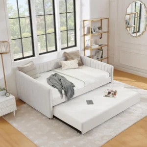 Modern Linen Full Size Daybed with Trundle Pull Out Upholstered Sofa Stripes Bedroom Living Room Guest Room No Box Spring Custom