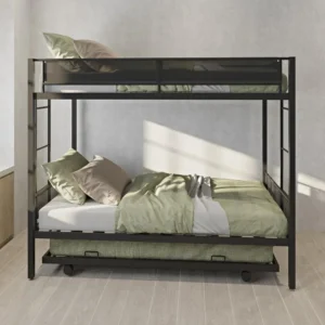 For Twin Metal Bunk Bed with Trundle, Twin Size Triple Bunk Beds Frame with 2 Side Ladders 3 Kids/Adults, Noise-Free Wood