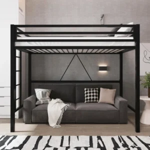 Metal Loft Bed Twin Size with Guardrail and Ladder, Small Space Saving Design for Bedroom Kid Room and Dorm, No Box Spring Neede