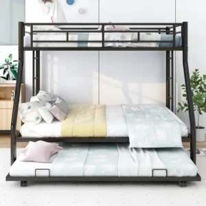 A Twin Over Twin/Full Triple Bunk Bed with Trundle:Triple Bunk Beds, Sturdy Steel Bunk Beds Frame for 3 Kids/Teens