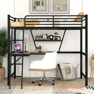 #For Twin/Full Loft Bed with Desk and a Storage Shelf, Heavy Duty Metal Loft Bed Twin Size with Ladder and Guardrail, Teens, Adu