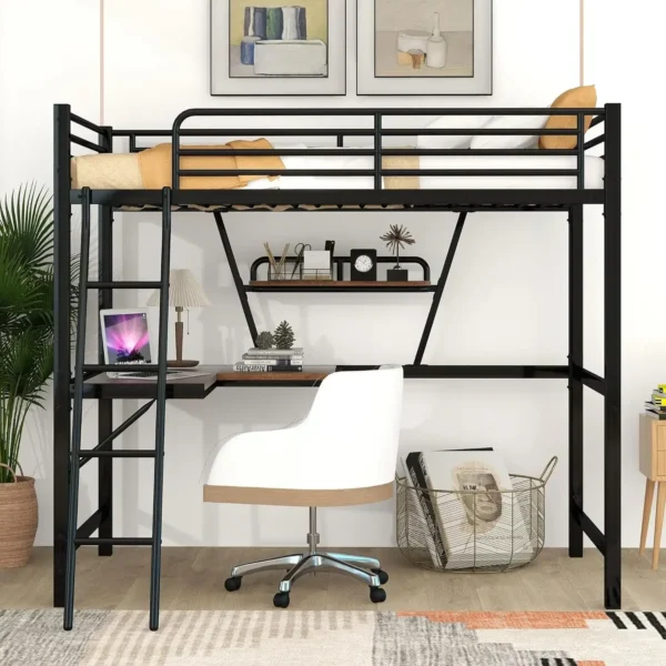 #For Twin/Full Loft Bed with Desk and a Storage Shelf, Heavy Duty Metal Loft Bed Twin Size with Ladder and Guardrail, Teens, Adu