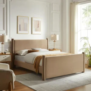 Rael Platform Bed Frame with Upholstered Headboard and Footboard in Taupe Stain-Resistant Performance Velvet Bed with Rounded P