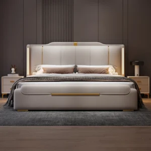 SAT. Luxury modern king soft bed framed leather solid wood double bed with storage for home or hotel bedroom furniture