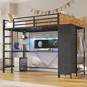 twin size viagdo loft bed with hall tree, charging station, led lights, l-shaped desk, and 5 storage drawers
