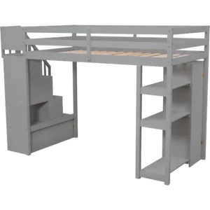 Twin Loft Bed with Stairs and Storage Drawers, Solid Wood Loft Bed Frame with Shelves for Kids Teens Adults