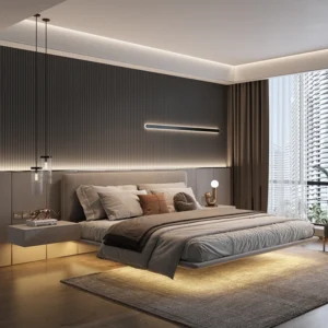 minimalist fabric bed master bedroom solid wood technology bed frame fashionable artistic letti matrimoniali Home furniture