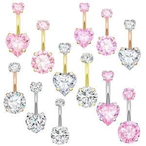 Stainless Steel Belly Piercing Jewelry Heart Cubic Zirconia Belly Button Rings for Women Fashion Navel Ring Body Jewelry Pink
